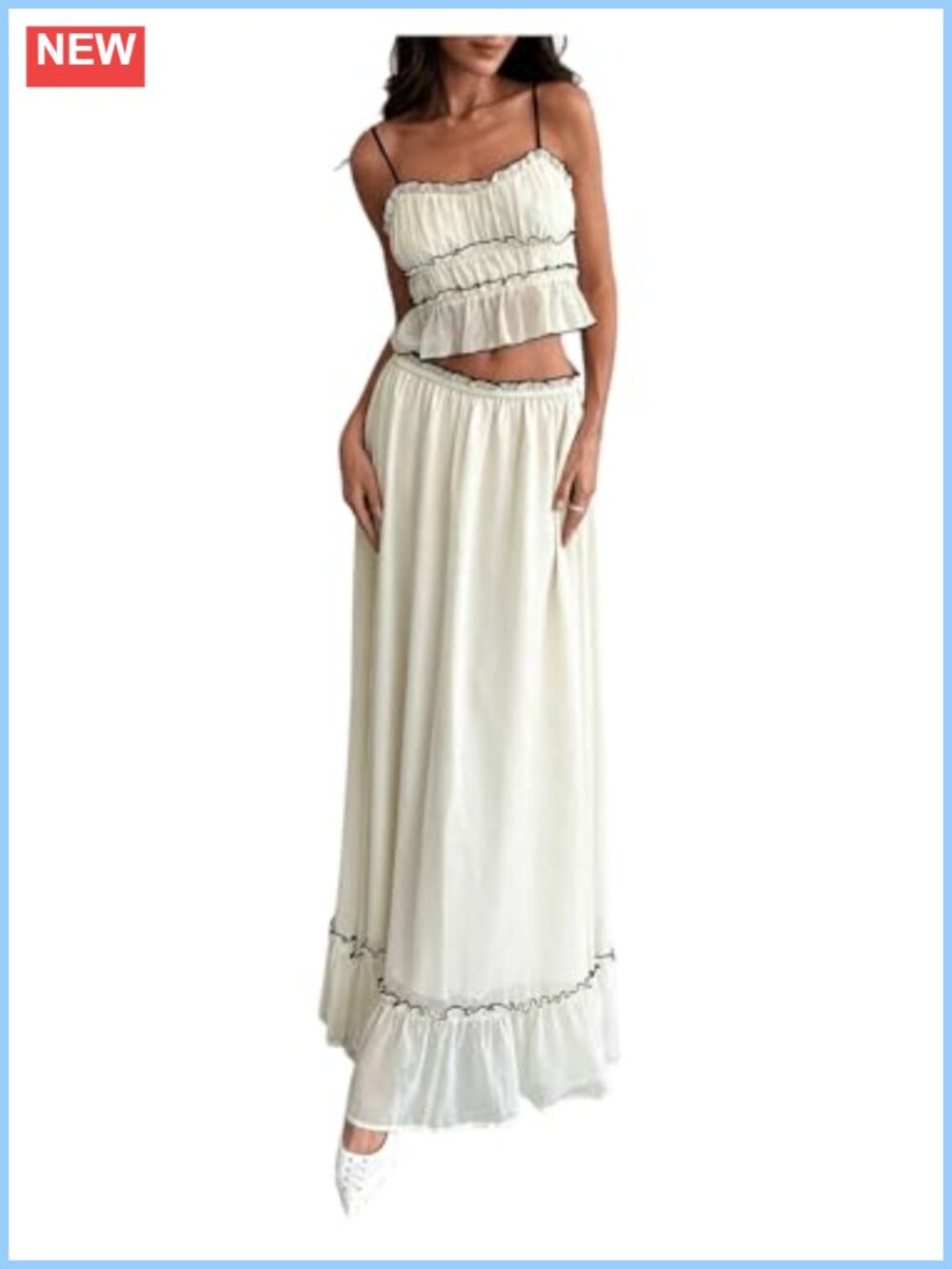 Women's 2 Piece Ruffle Hem Cami Maxi Skirt Set Contrast Trim Vacation